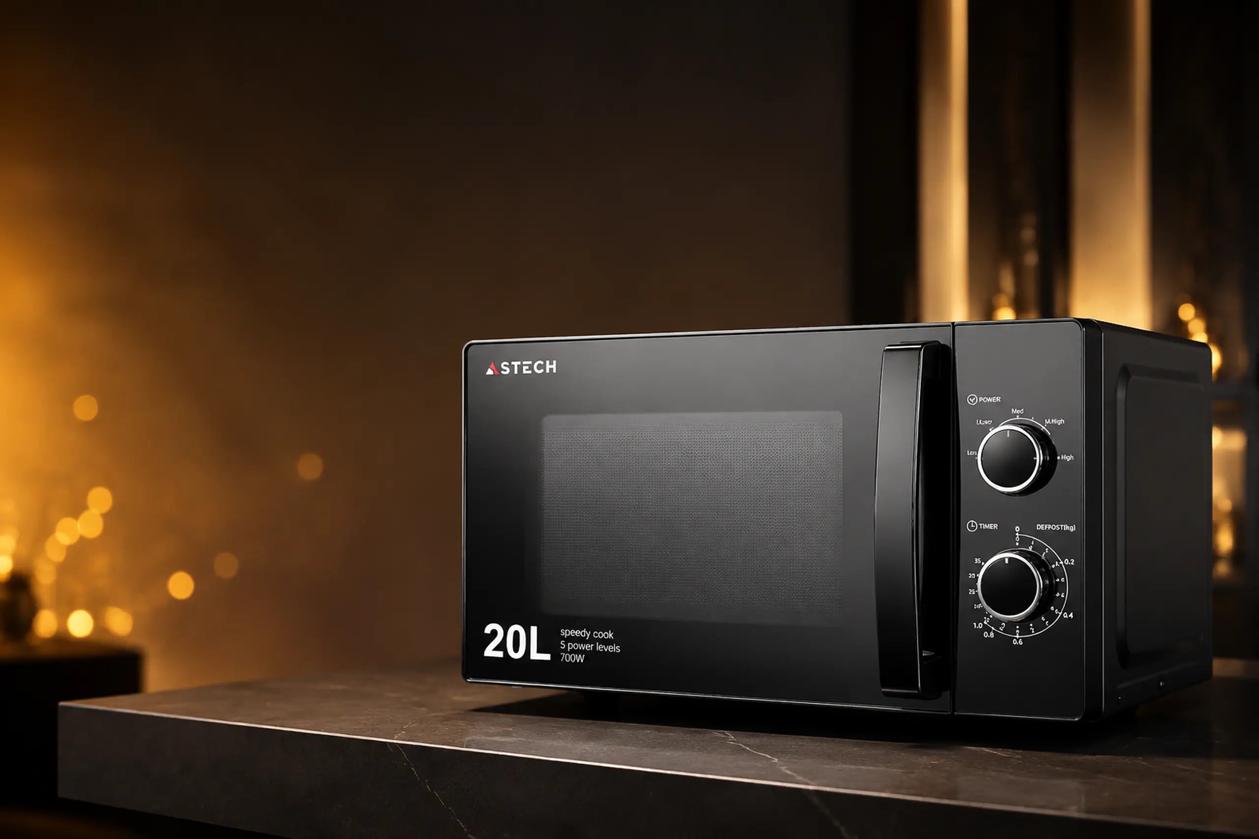 Micro-ondes ASTECH noir et argent, offre Mawloud 2026